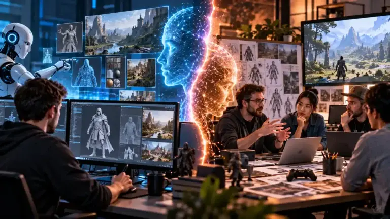 Game developer using generative AI tools during video game production