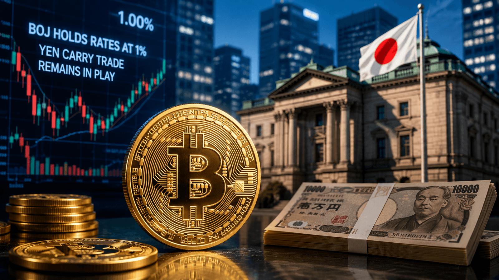 Bitcoin yen carry trade visual showing a digital Bitcoin beside Japanese yen symbols, market charts and Tokyo’s financial skyline.