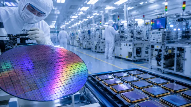 Modern semiconductor fabrication facility producing advanced AI memory chips, representing the ChangXin Memory Technologies IPO and China's growing semiconductor industry.