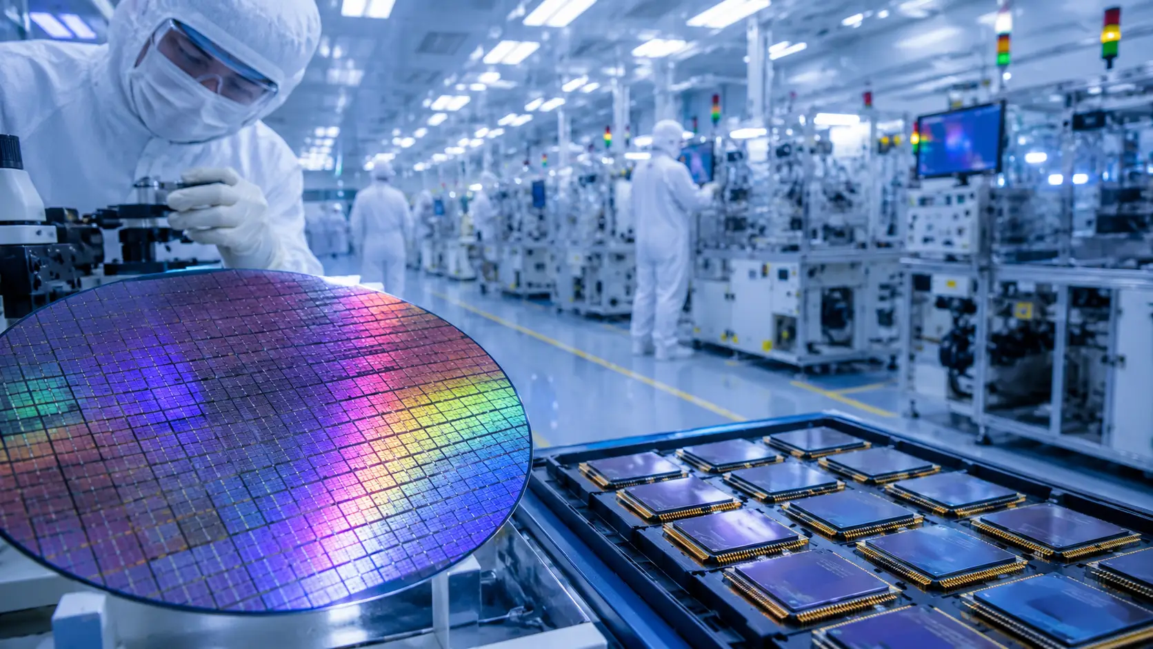 Modern semiconductor fabrication facility producing advanced AI memory chips, representing the ChangXin Memory Technologies IPO and China's growing semiconductor industry.