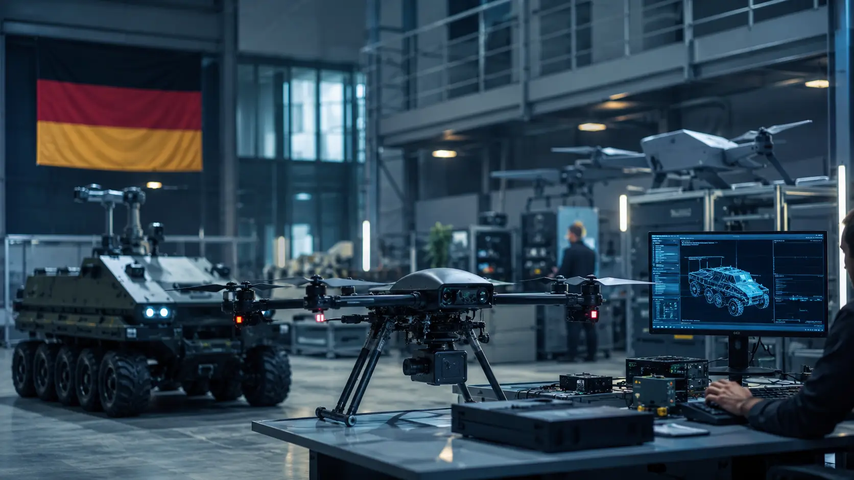 Modern European defense technology facility representing Germany defense startups developing AI-powered autonomous military systems and advanced robotics.