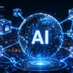 uturistic visualization of Web3 decentralized AI featuring a glowing artificial intelligence core connected to blockchain networks, secure data ownership, decentralized computing, community governance, and transparent digital infrastructure, illustrating the future of blockchain AI integration in 2026.