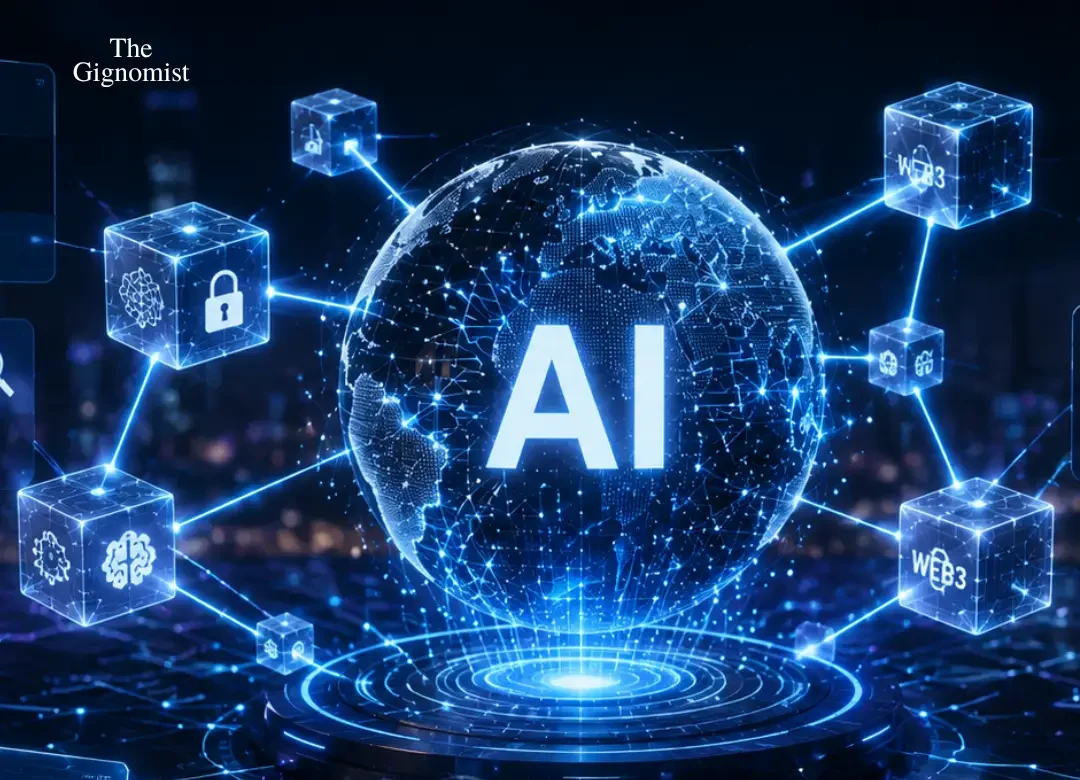 uturistic visualization of Web3 decentralized AI featuring a glowing artificial intelligence core connected to blockchain networks, secure data ownership, decentralized computing, community governance, and transparent digital infrastructure, illustrating the future of blockchain AI integration in 2026.