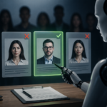 AI models and evaluating diverse job candidates on digital hiring screens, illustrating AI hiring bias and risks from automated recruitment.