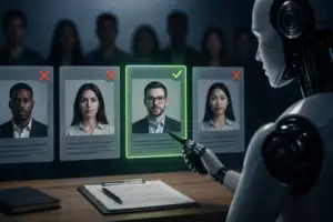 AI models and evaluating diverse job candidates on digital hiring screens, illustrating AI hiring bias and risks from automated recruitment.