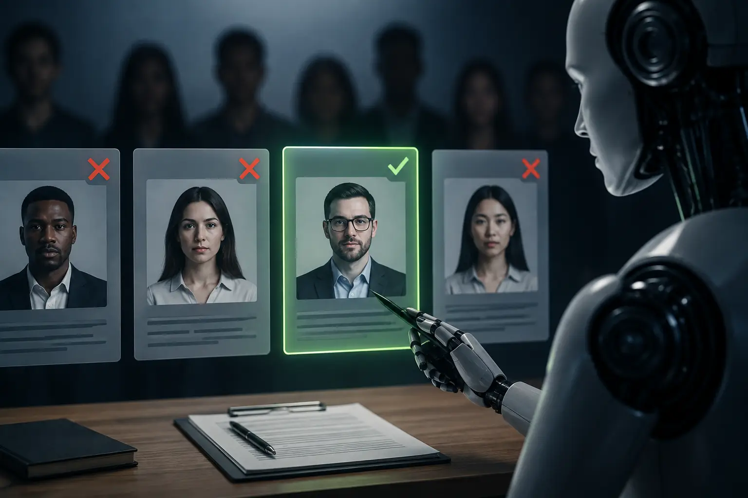 AI models and evaluating diverse job candidates on digital hiring screens, illustrating AI hiring bias and risks from automated recruitment.