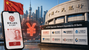 Digital yuan payment network connecting Chinese banks and financial infrastructure as digital yuan expansion brings e-CNY operators to 30