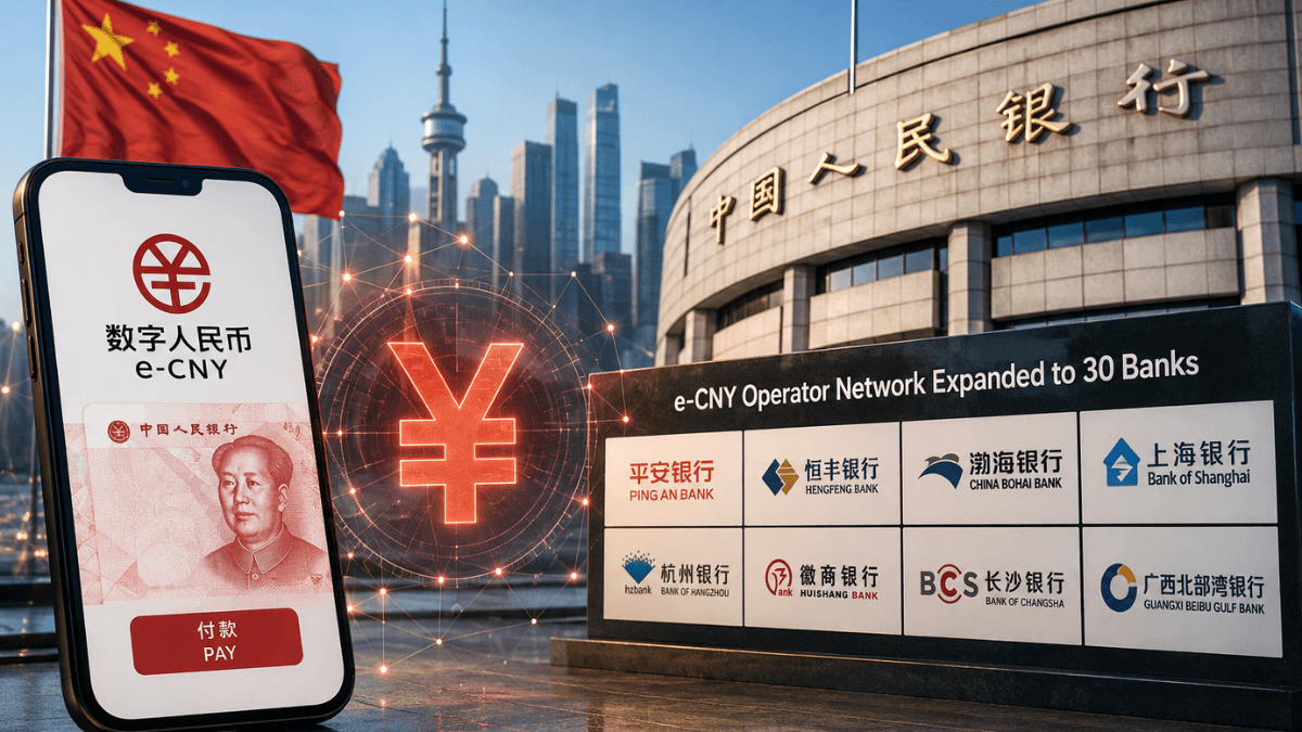 Digital yuan payment network connecting Chinese banks and financial infrastructure as digital yuan expansion brings e-CNY operators to 30