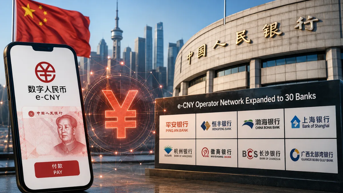 Digital yuan payment network connecting Chinese banks and financial infrastructure as digital yuan expansion brings e-CNY operators to 30