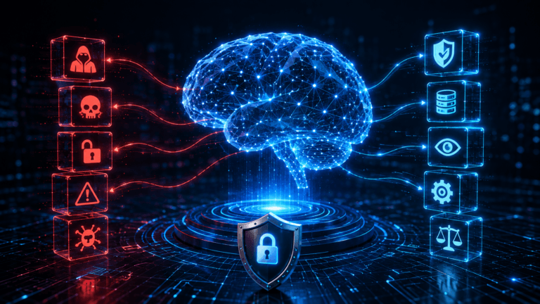 Enterprise generative AI system connected to data and software tools through security controls.