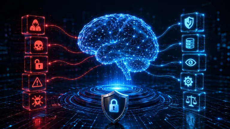 Generative AI security concept highlighting AI vulnerabilities, cyber threats, and data protection measures.