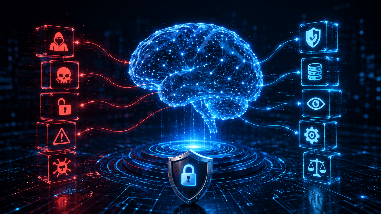 Generative AI security concept highlighting AI vulnerabilities, cyber threats, and data protection measures.