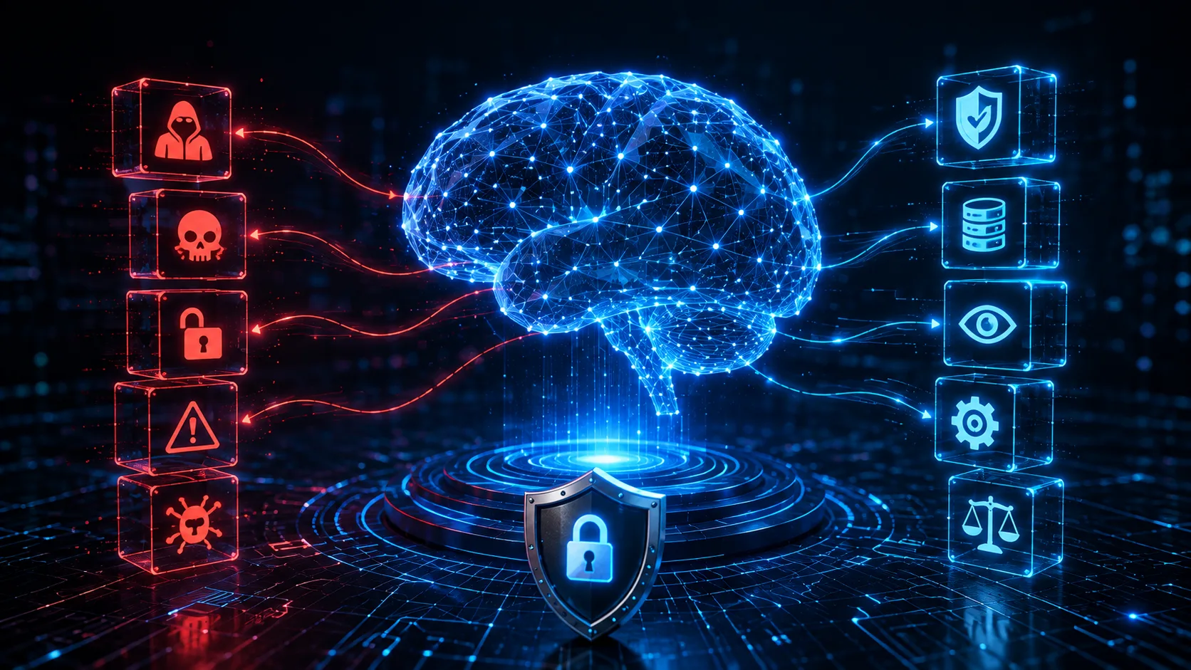 Generative AI security concept highlighting AI vulnerabilities, cyber threats, and data protection measures.