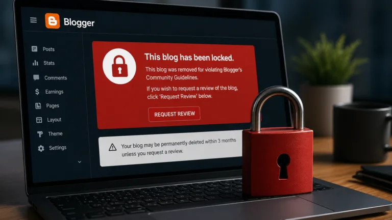 Locked Blogger website dashboard representing the Google Blogger false positive incident affecting legitimate publishers after an automated malware detection error.