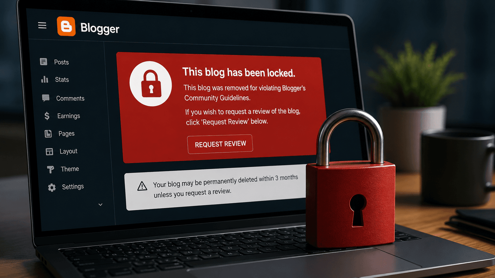 Locked Blogger website dashboard representing the Google Blogger false positive incident affecting legitimate publishers after an automated malware detection error.