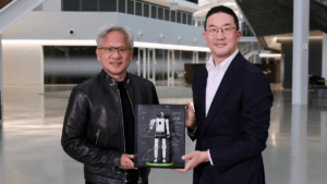 Next-generation LG humanoid robot operating in a smart factory powered by NVIDIA Isaac GR00T and advanced physical AI systems.