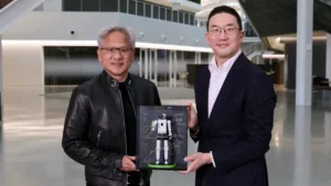 Next-generation LG humanoid robot operating in a smart factory powered by NVIDIA Isaac GR00T and advanced physical AI systems.