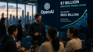 OpenAI-inspired artificial intelligence infrastructure and financial market imagery illustrating the OpenAI tender offer and $852 billion private valuation.
