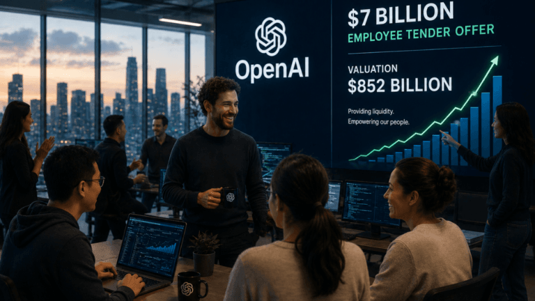 OpenAI-inspired artificial intelligence infrastructure and financial market imagery illustrating the OpenAI tender offer and $852 billion private valuation.