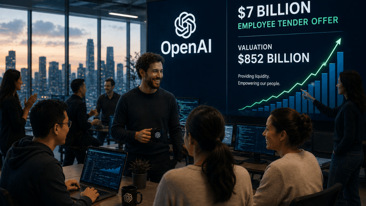 OpenAI-inspired artificial intelligence infrastructure and financial market imagery illustrating the OpenAI tender offer and $852 billion private valuation.