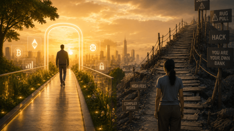 Global users accessing secure digital wallets and blockchain payments, illustrating Web3 financial inclusion and simpler cryptocurrency technology.