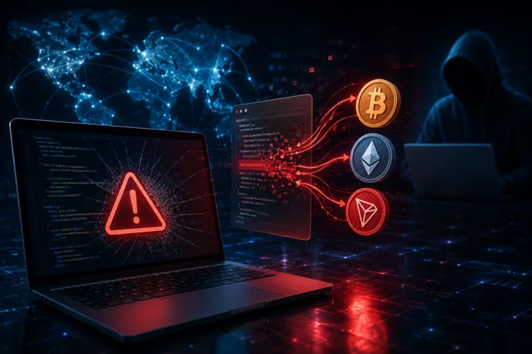 Cybersecurity visualization showing a compromised JavaScript supply chain attack replacing cryptocurrency wallet addresses across multiple websites through malicious browser code.