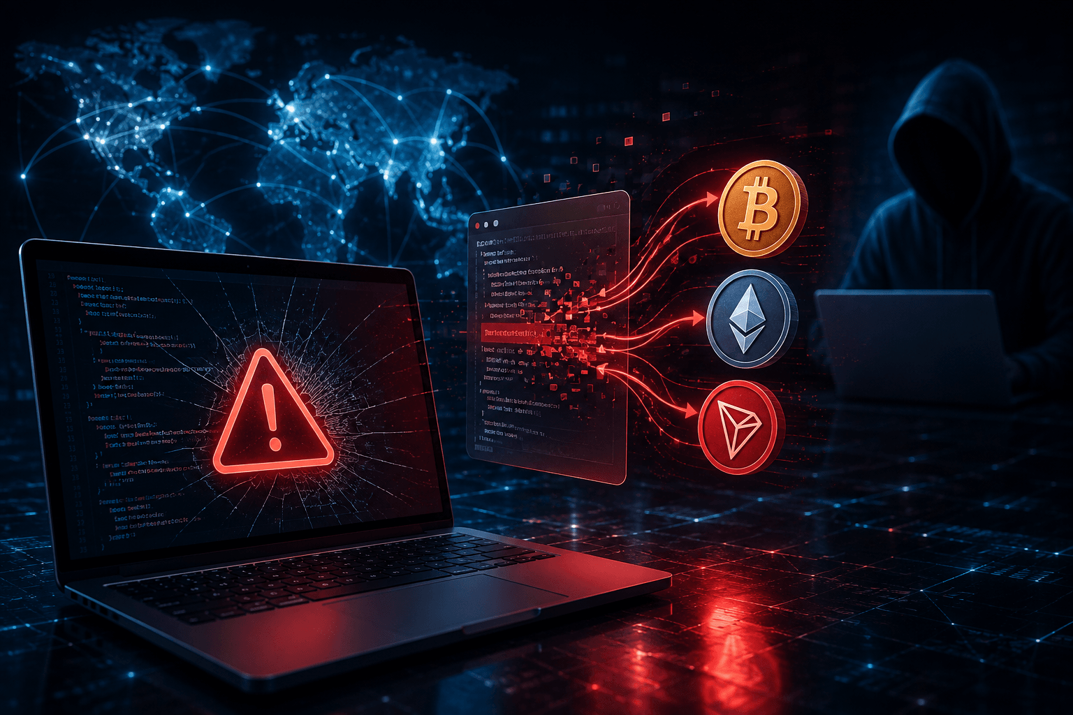 Cybersecurity visualization showing a compromised JavaScript supply chain attack replacing cryptocurrency wallet addresses across multiple websites through malicious browser code.