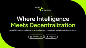 AI and decentralized blockchain infrastructure visualized against Singapore's Marina Bay skyline