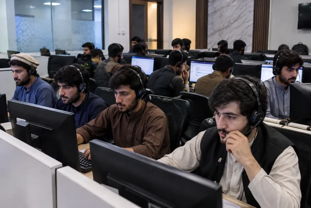Illustrative image of young call center agents working on computers with headsets in a Pakistani office.