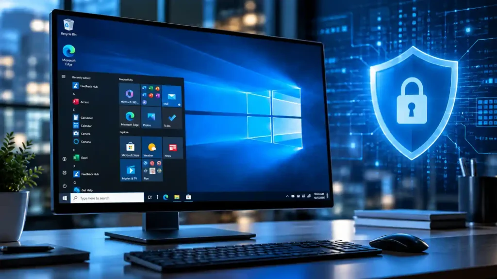 Windows 10 desktop computer displaying a security update interface with digital cybersecurity graphics.