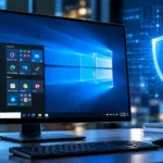 Windows 10 desktop computer displaying a security update interface with digital cybersecurity graphics.